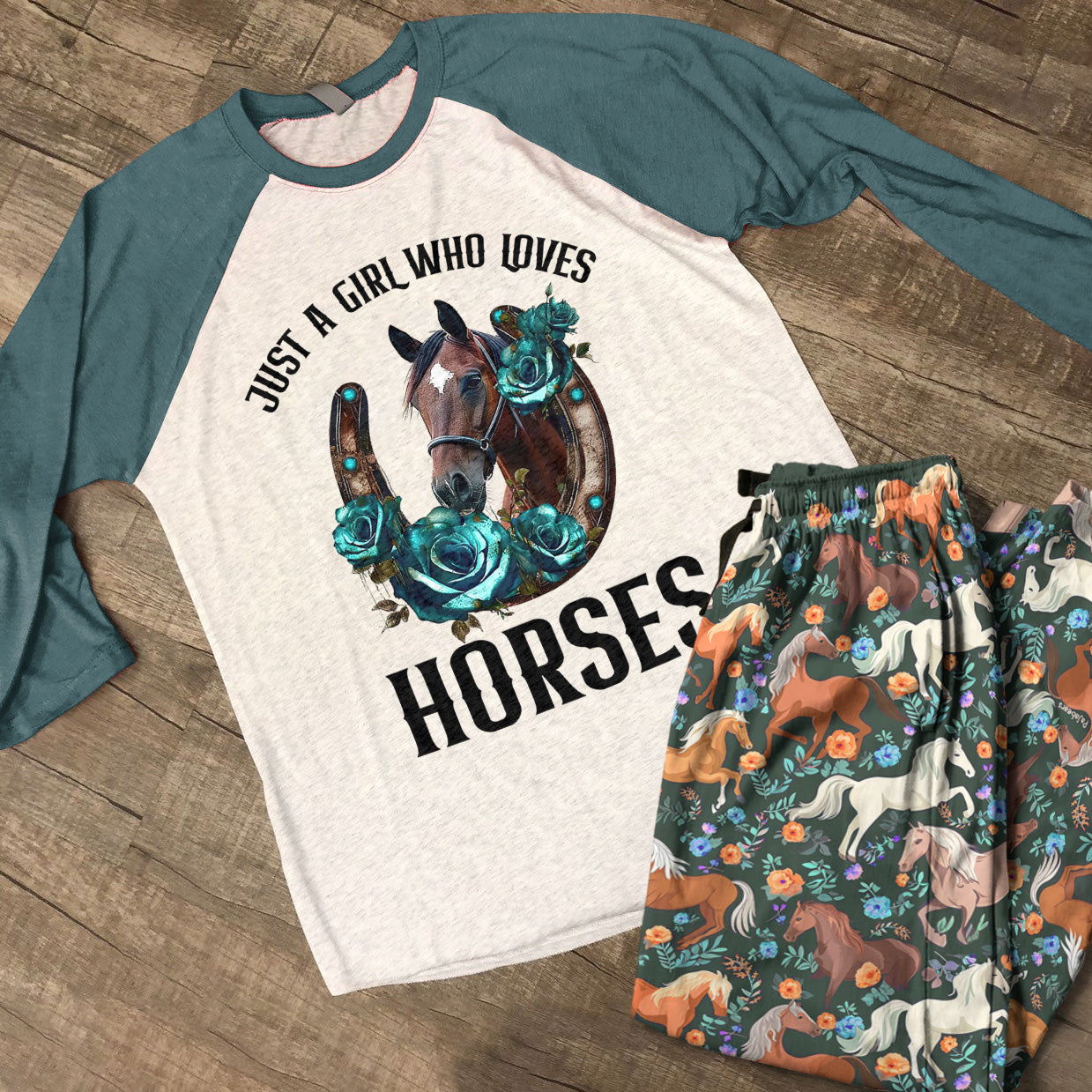 Horse Raglan Lounge Pajamas Blue Rose Horse