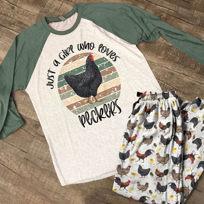 Chicken Raglan Lounge Pajamas Just A Girl Who Loves Peckers