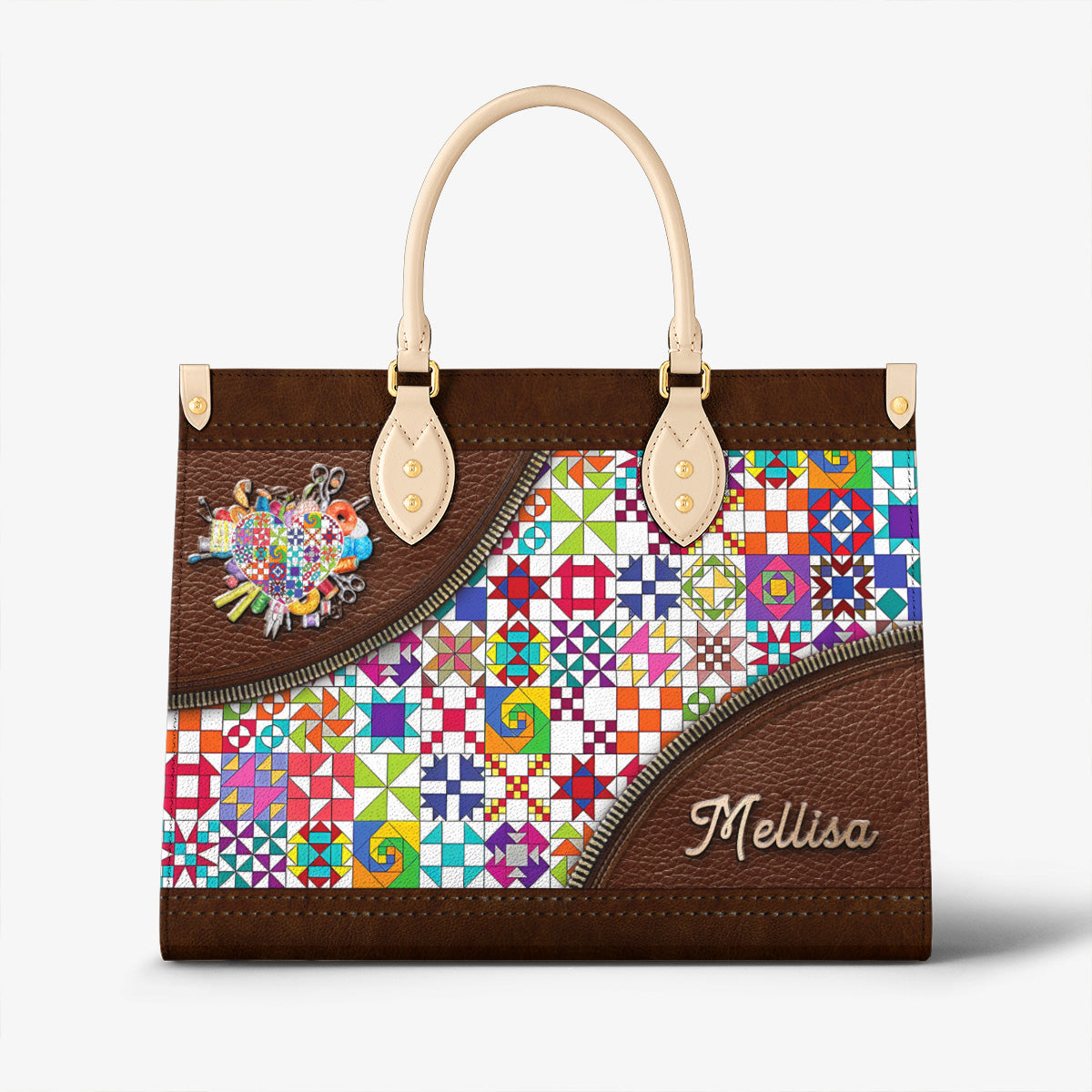 Sewing Lover Leather Handbag Personalized ColorBust Quilt Blocks