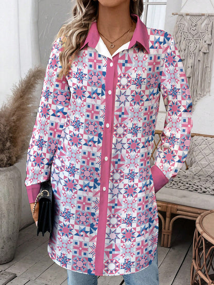 Sewing Lover Oversized Long Shirt Pink Quilt Blocks