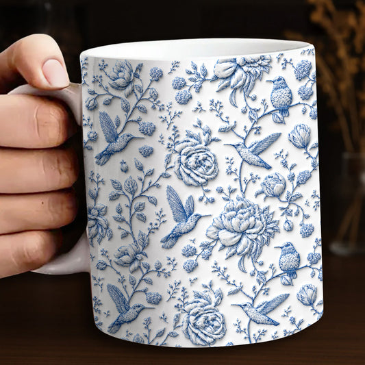 Hummingbird 11 oz Mug Blue Toile Hummingbird Floral Garden