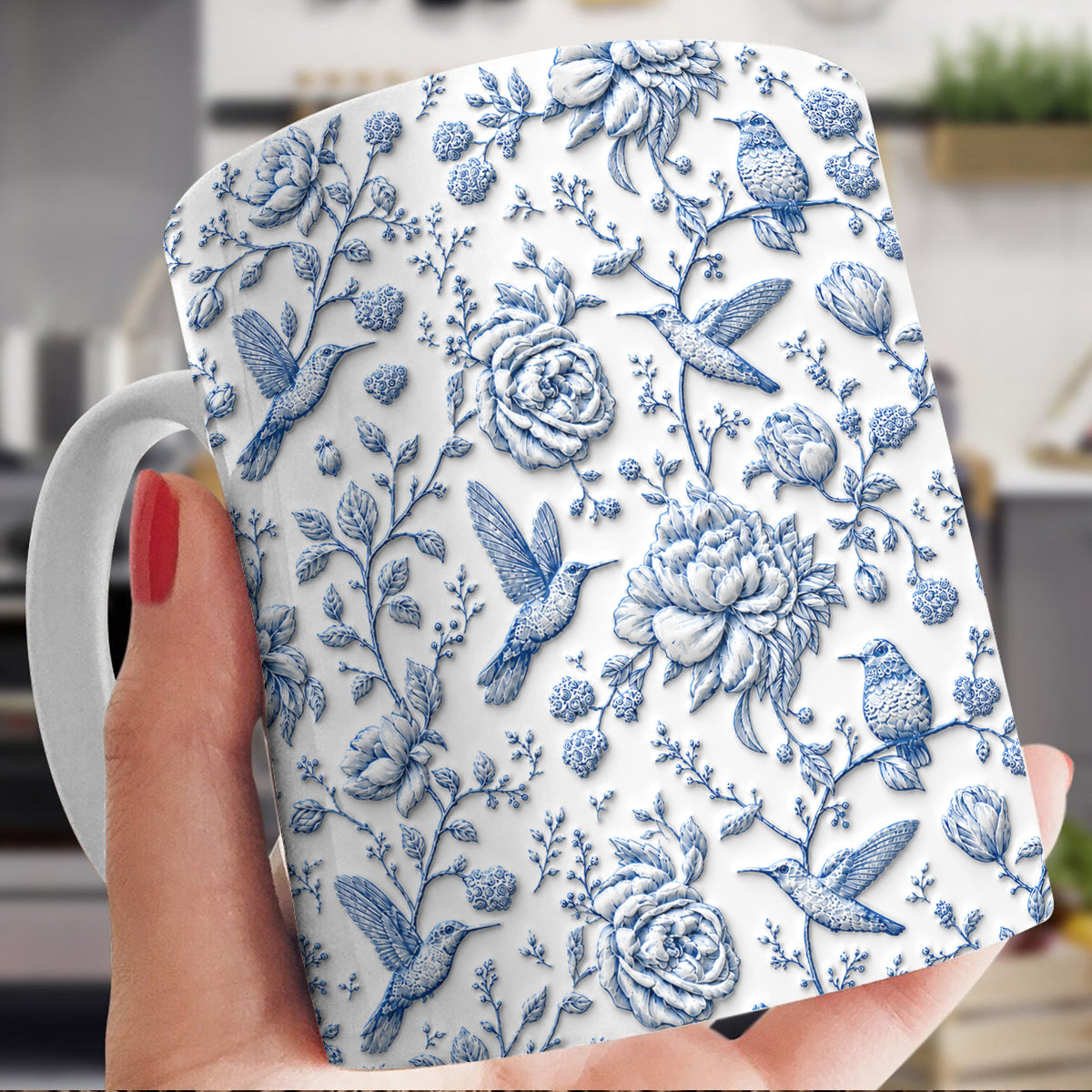 Hummingbird 11 oz Mug Blue Toile Hummingbird Floral Garden
