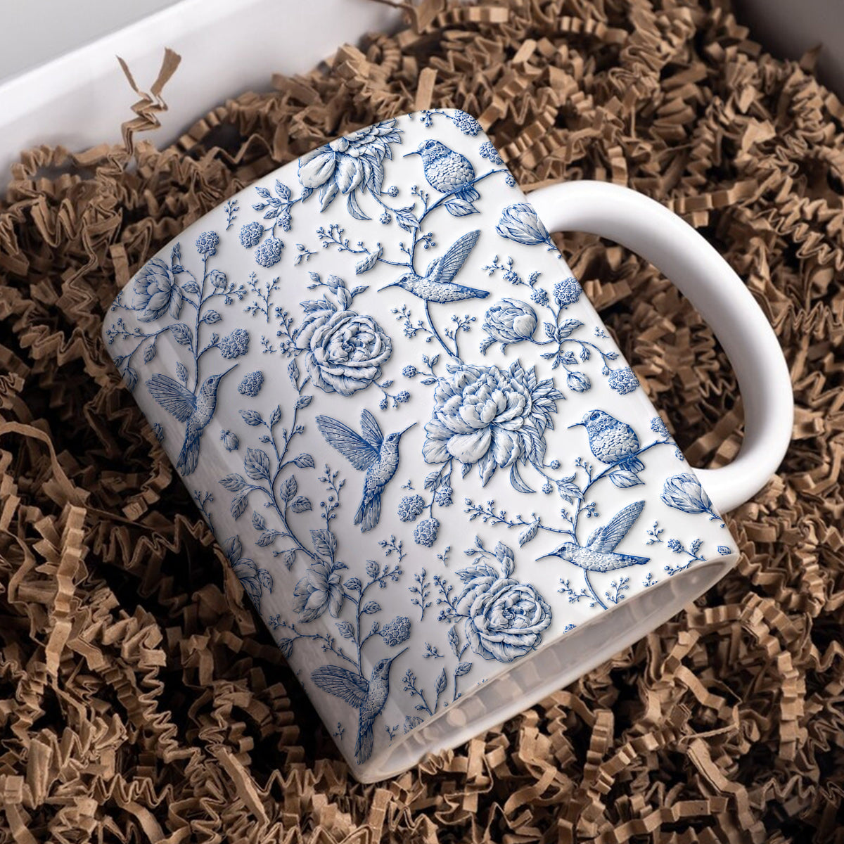 Hummingbird 11 oz Mug Blue Toile Hummingbird Floral Garden