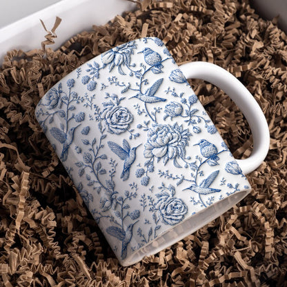 Hummingbird 11 oz Mug Blue Toile Hummingbird Floral Garden