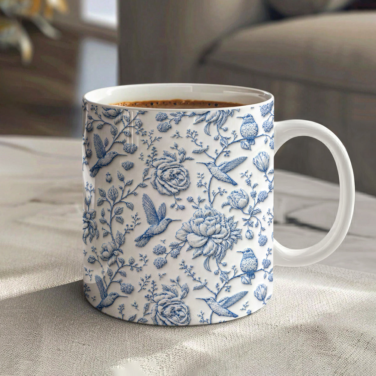 Hummingbird 11 oz Mug Blue Toile Hummingbird Floral Garden