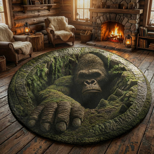 Bigfoot Round Rug Rising from the Forest 3D Illusion Flat Print Rustic Myth Art