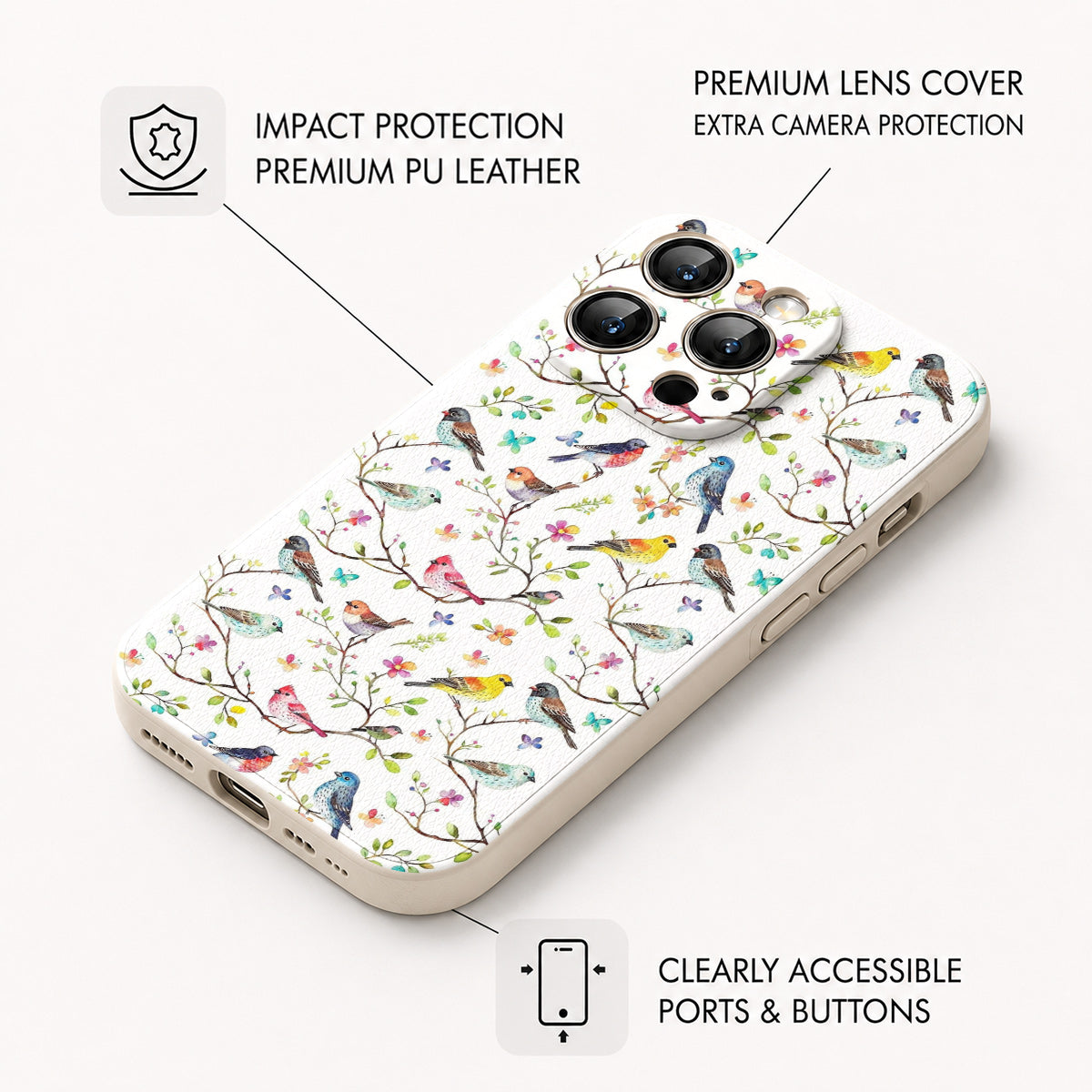 Bird Lovers Leather Phone Case - Beige Whimsical Songbirds In Springtime Bloom