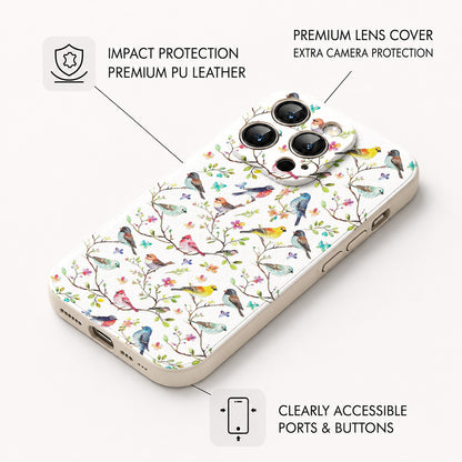 Bird Lovers Leather Phone Case - Beige Whimsical Songbirds In Springtime Bloom