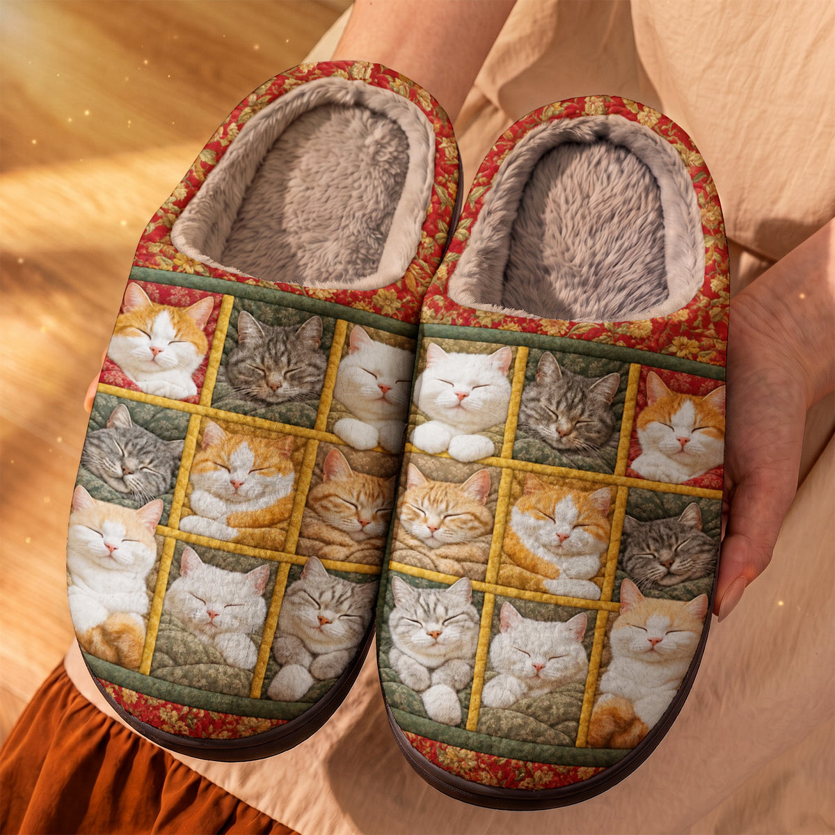 Sleeping Cats Fleece Lined Slippers Patchwork Catnap Dreams