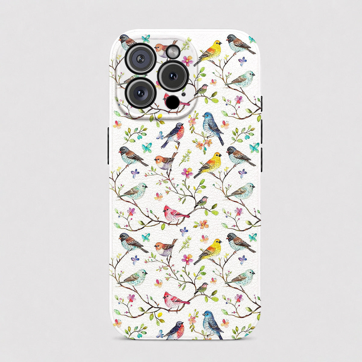 Bird Lovers Leather Phone Case - Beige Whimsical Songbirds In Springtime Bloom
