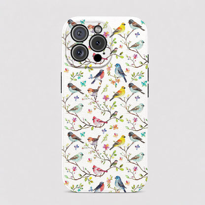 Bird Lovers Leather Phone Case - Beige Whimsical Songbirds In Springtime Bloom