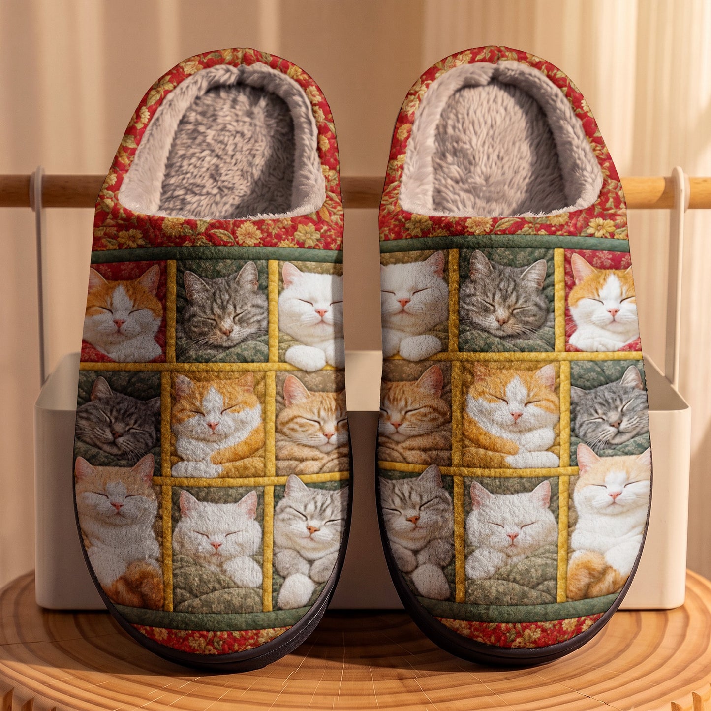 Sleeping Cats Fleece Lined Slippers Patchwork Catnap Dreams