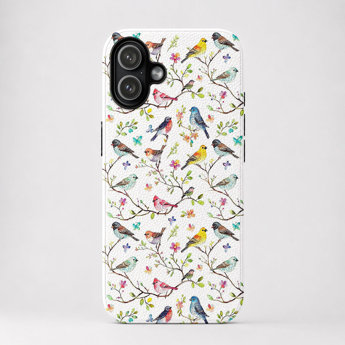 Bird Lovers Leather Phone Case - Beige Whimsical Songbirds In Springtime Bloom