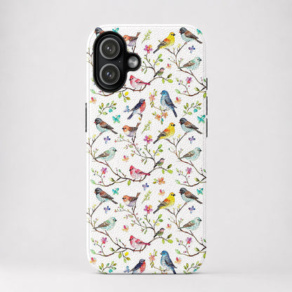 Bird Lovers Leather Phone Case - Beige Whimsical Songbirds In Springtime Bloom