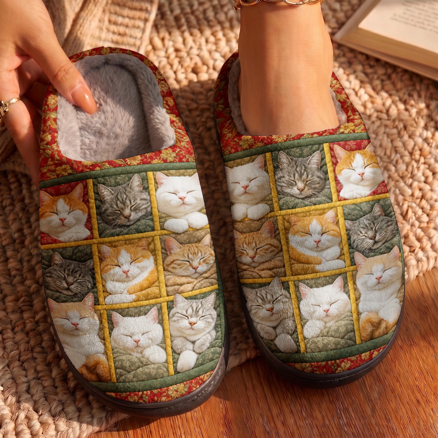 Sleeping Cats Fleece Lined Slippers Patchwork Catnap Dreams