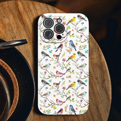 Bird Lovers Leather Phone Case - Beige Whimsical Songbirds In Springtime Bloom