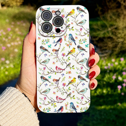 Bird Lovers Leather Phone Case - Beige Whimsical Songbirds In Springtime Bloom