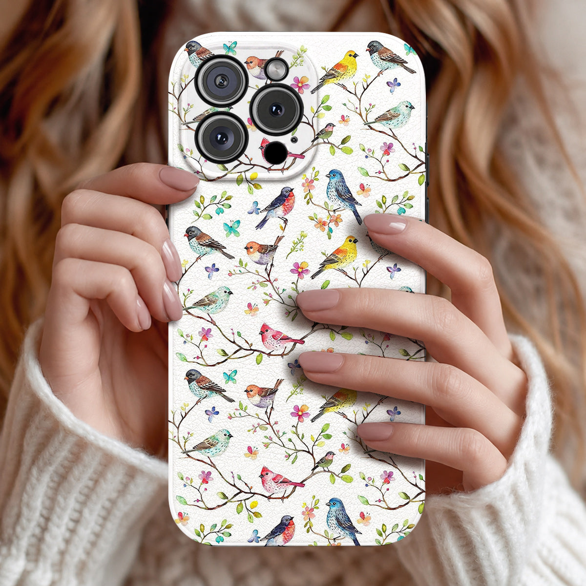 Bird Lovers Leather Phone Case - Beige Whimsical Songbirds In Springtime Bloom