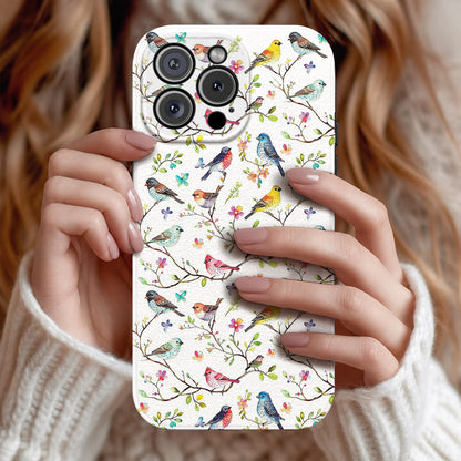 Bird Lovers Leather Phone Case - Beige Whimsical Songbirds In Springtime Bloom