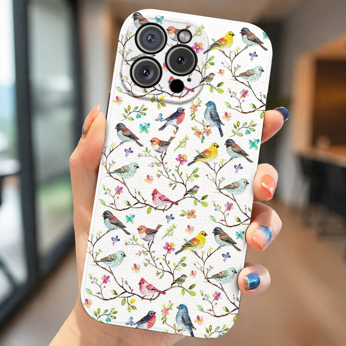 Bird Lovers Leather Phone Case - Beige Whimsical Songbirds In Springtime Bloom