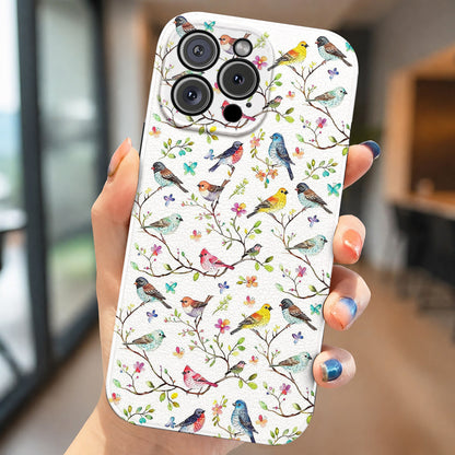 Bird Lovers Leather Phone Case - Beige Whimsical Songbirds In Springtime Bloom