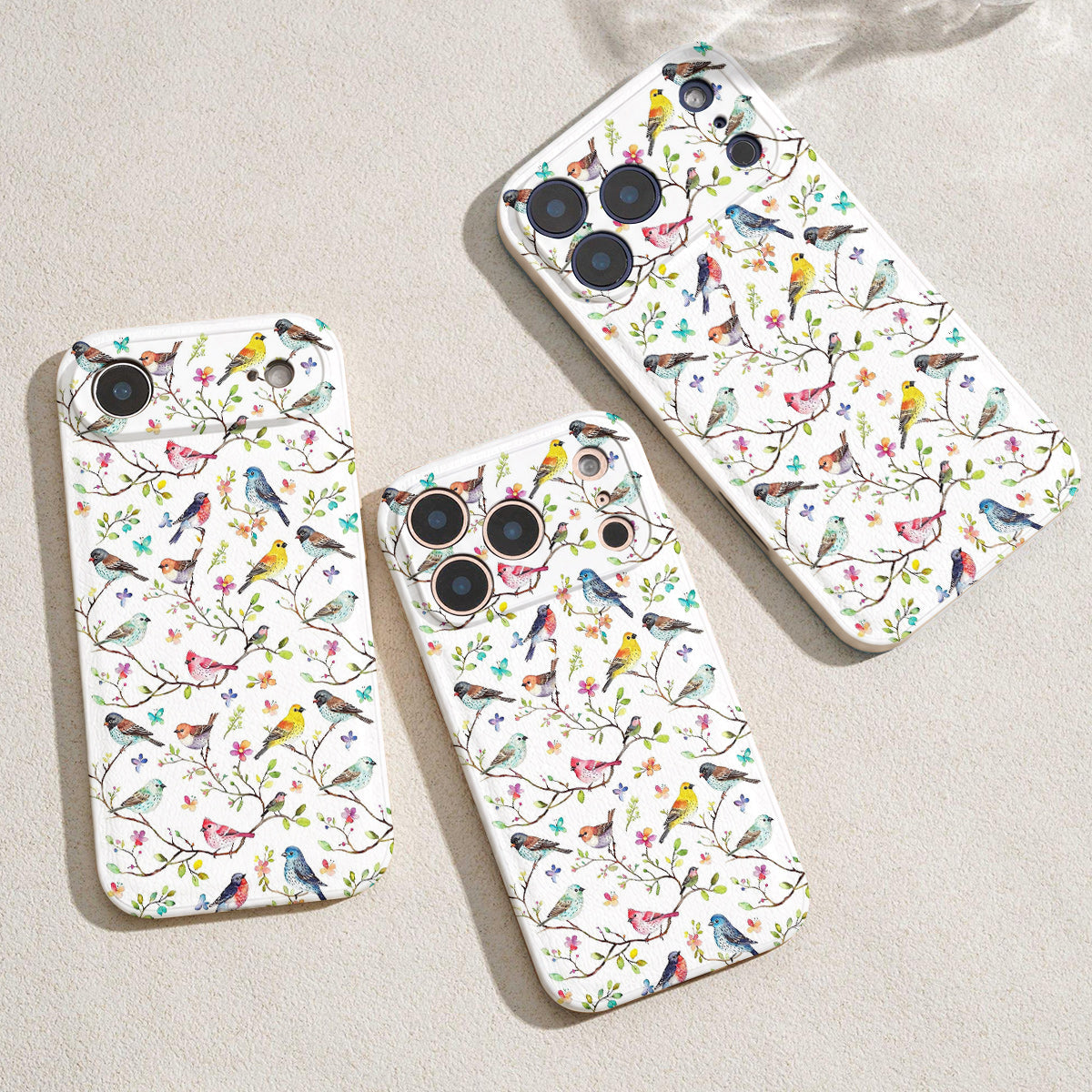 Bird Lovers Leather Phone Case - Beige Whimsical Songbirds In Springtime Bloom