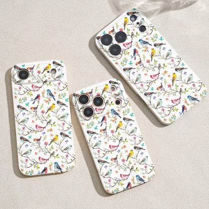 Bird Lovers Leather Phone Case - Beige Whimsical Songbirds In Springtime Bloom