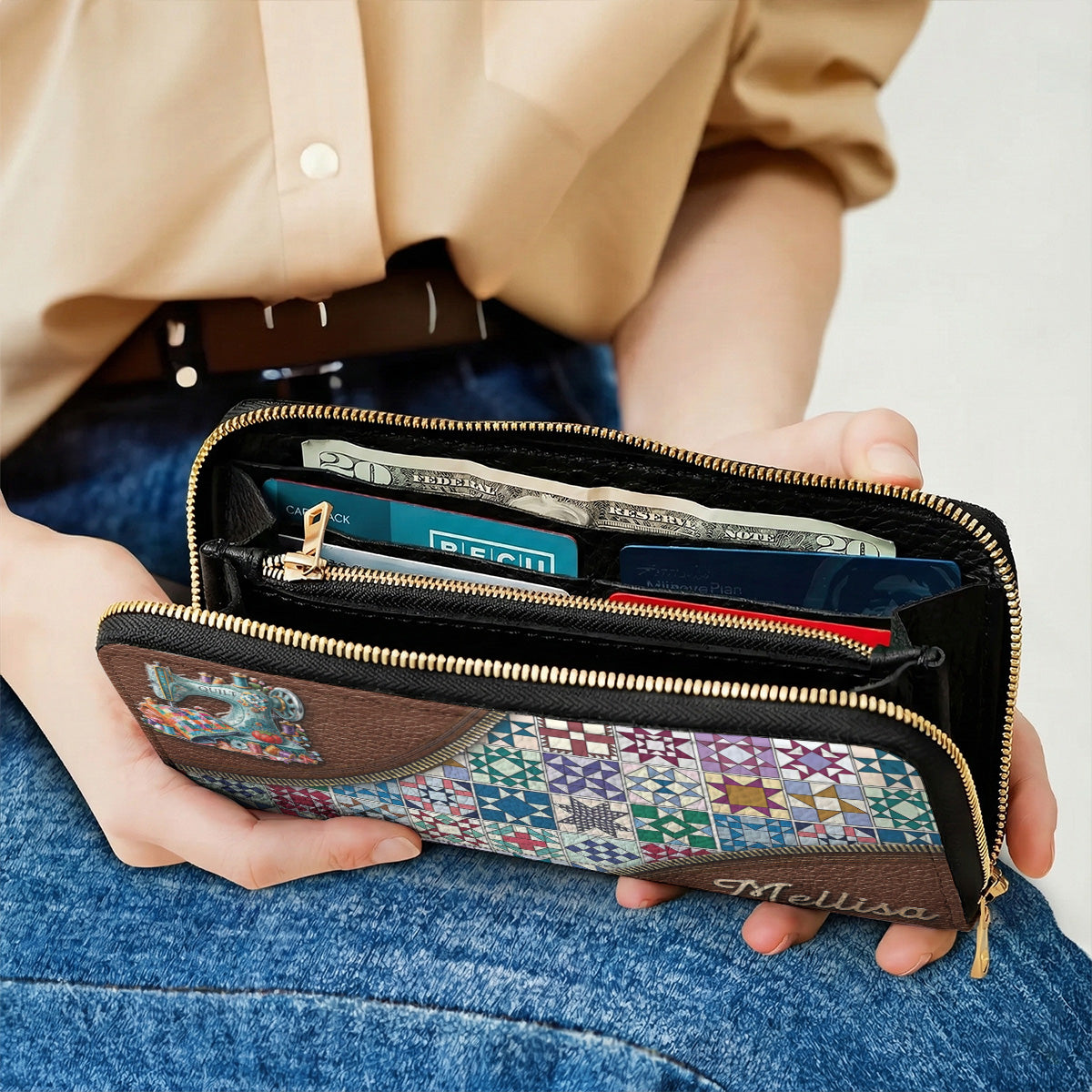Sewing Lover Leather Wallet Personalized Traditional Quilt Blocks