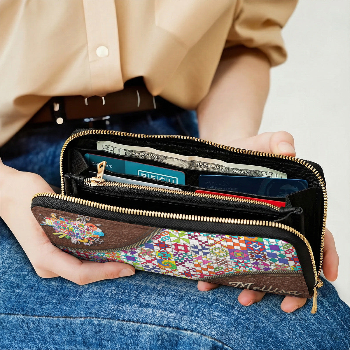 Sewing Lover Leather Wallet Personalized ColorBust Quilt Blocks