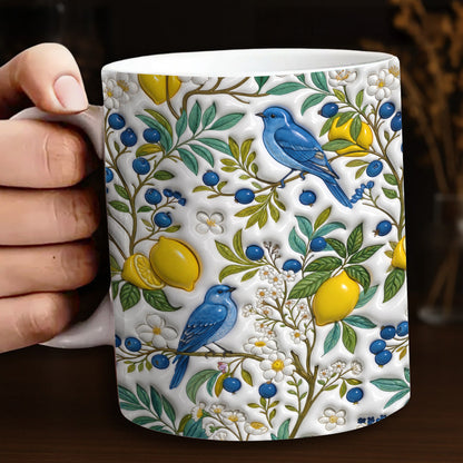Botanical Bird Lovers Ceramic Mug Citrus Bluebird Reverie