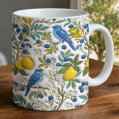 Botanical Bird Lovers Ceramic Mug Citrus Bluebird Reverie