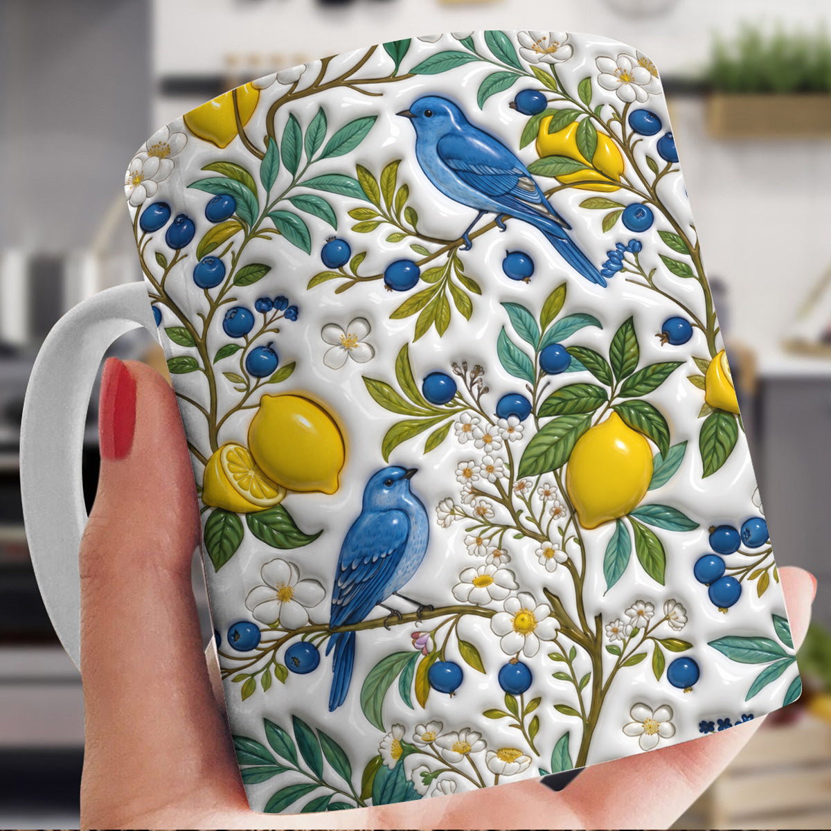 Botanical Bird Lovers Ceramic Mug Citrus Bluebird Reverie