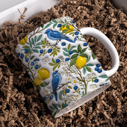 Botanical Bird Lovers Ceramic Mug Citrus Bluebird Reverie