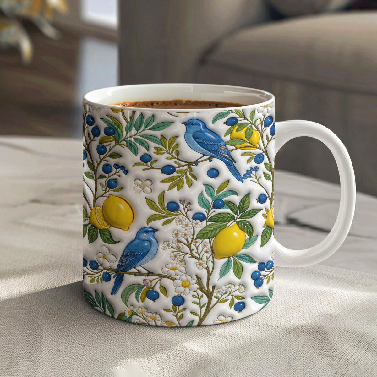 Botanical Bird Lovers Ceramic Mug Citrus Bluebird Reverie