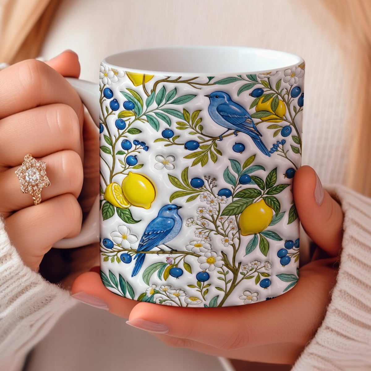 Botanical Bird Lovers Ceramic Mug Citrus Bluebird Reverie