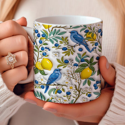 Botanical Bird Lovers Ceramic Mug Citrus Bluebird Reverie