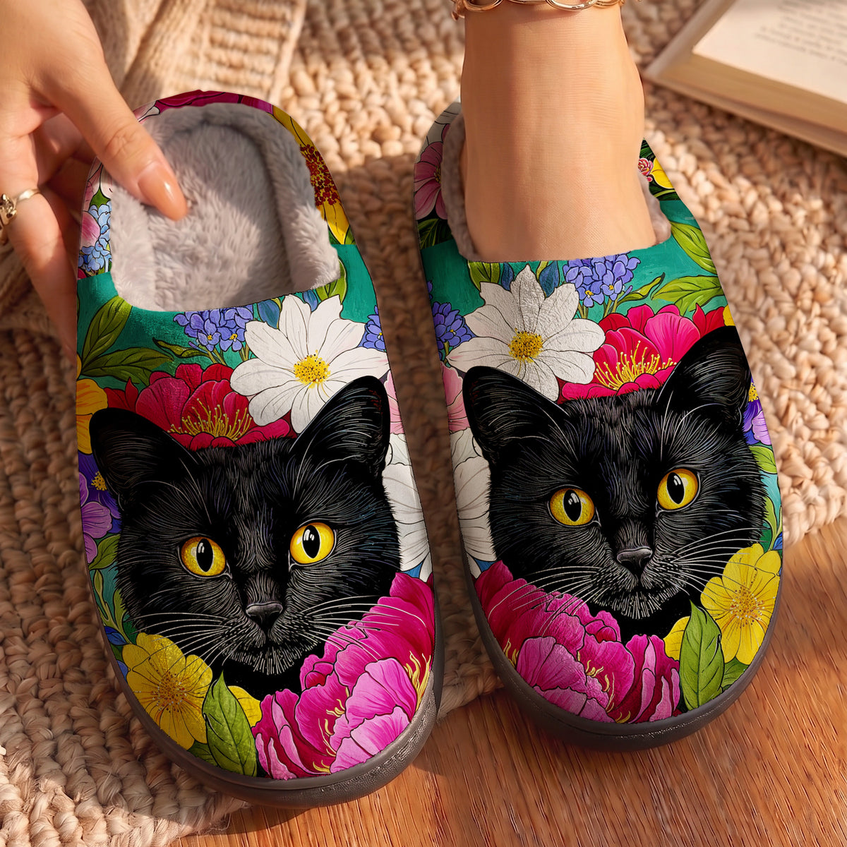 Floral Black Cat Fleece Lined Slippers