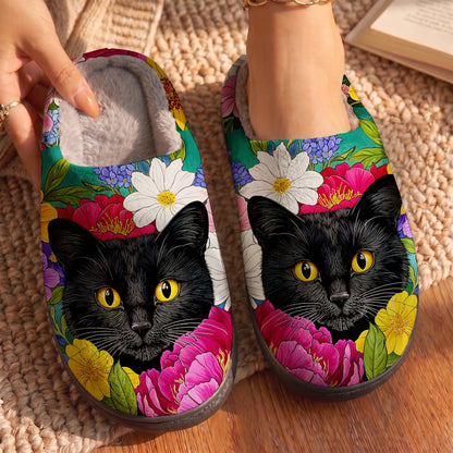 Floral Black Cat Fleece Lined Slippers
