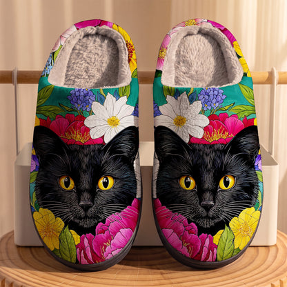 Floral Black Cat Fleece Lined Slippers