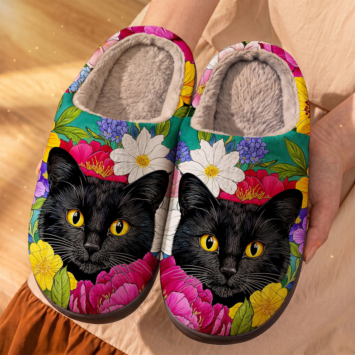 Floral Black Cat Fleece Lined Slippers