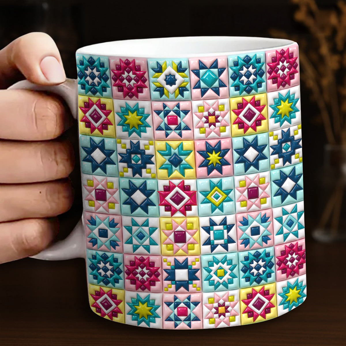 Quilt Lovers Ceramic Mug Vibrant Patchwork Star Quilt Blocks