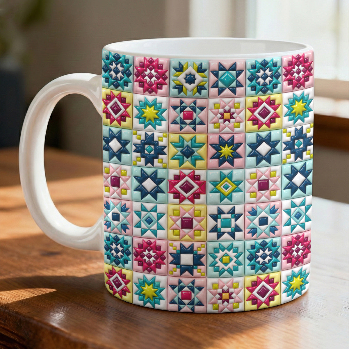 Quilt Lovers Ceramic Mug Vibrant Patchwork Star Quilt Blocks