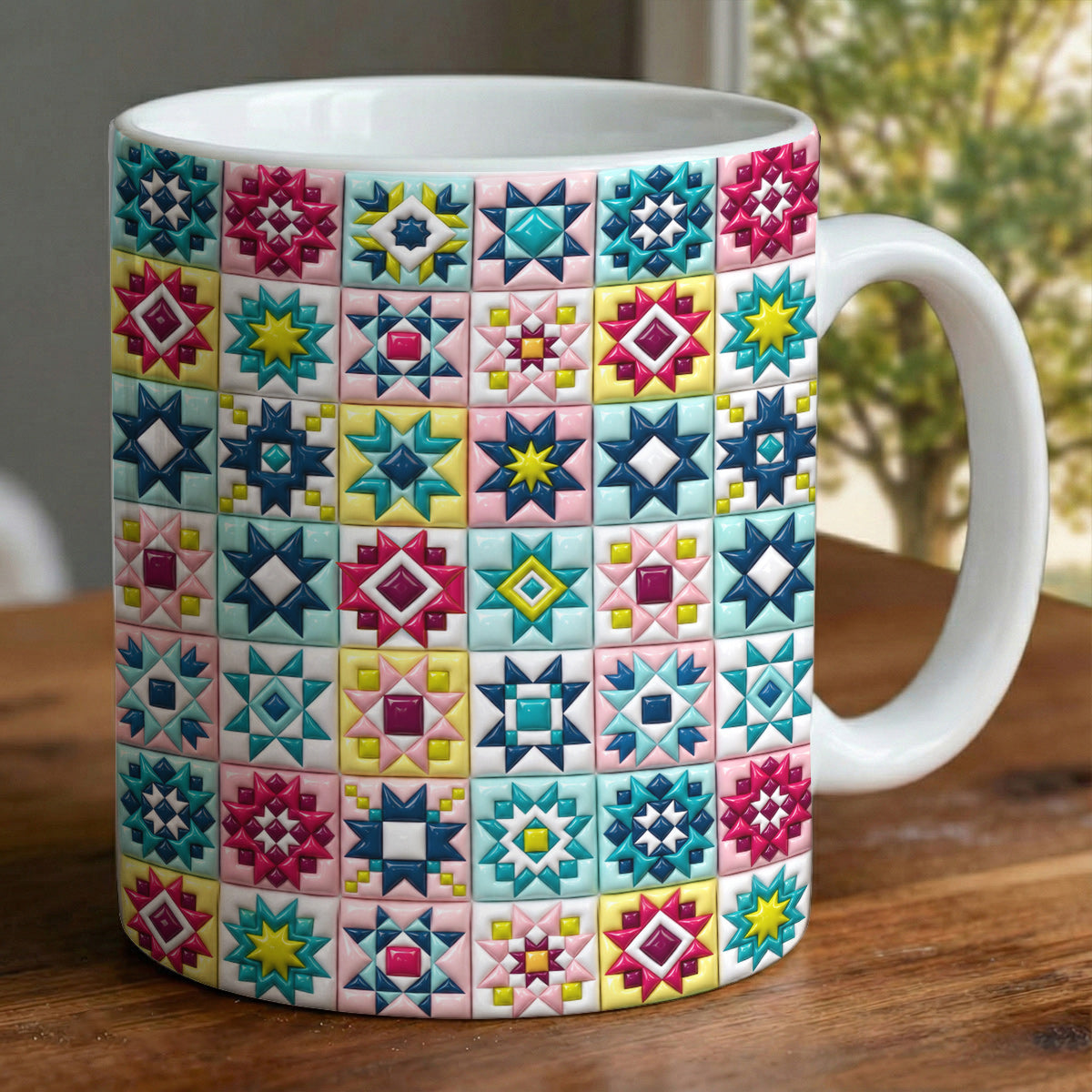 Quilt Lovers Ceramic Mug Vibrant Patchwork Star Quilt Blocks