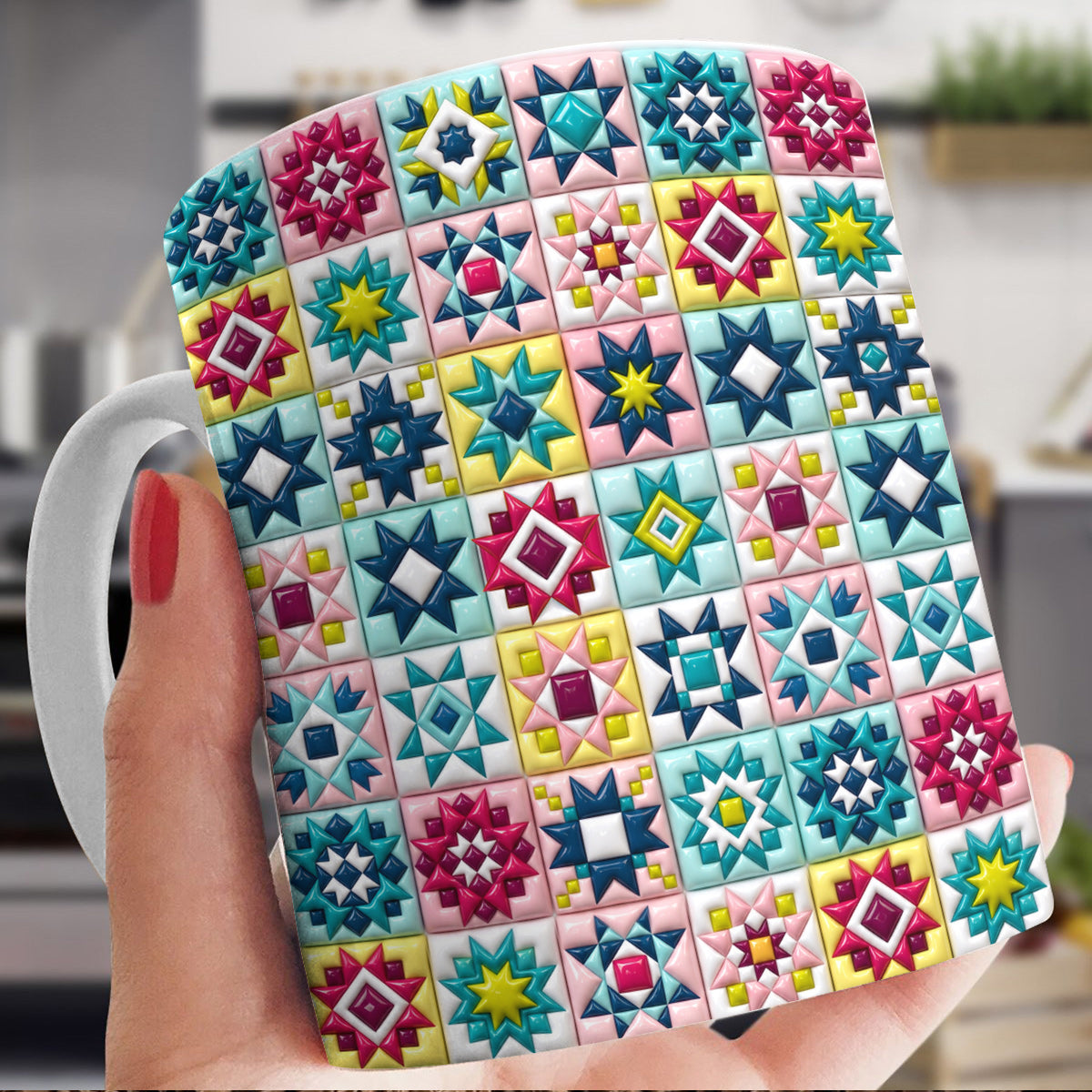 Quilt Lovers Ceramic Mug Vibrant Patchwork Star Quilt Blocks