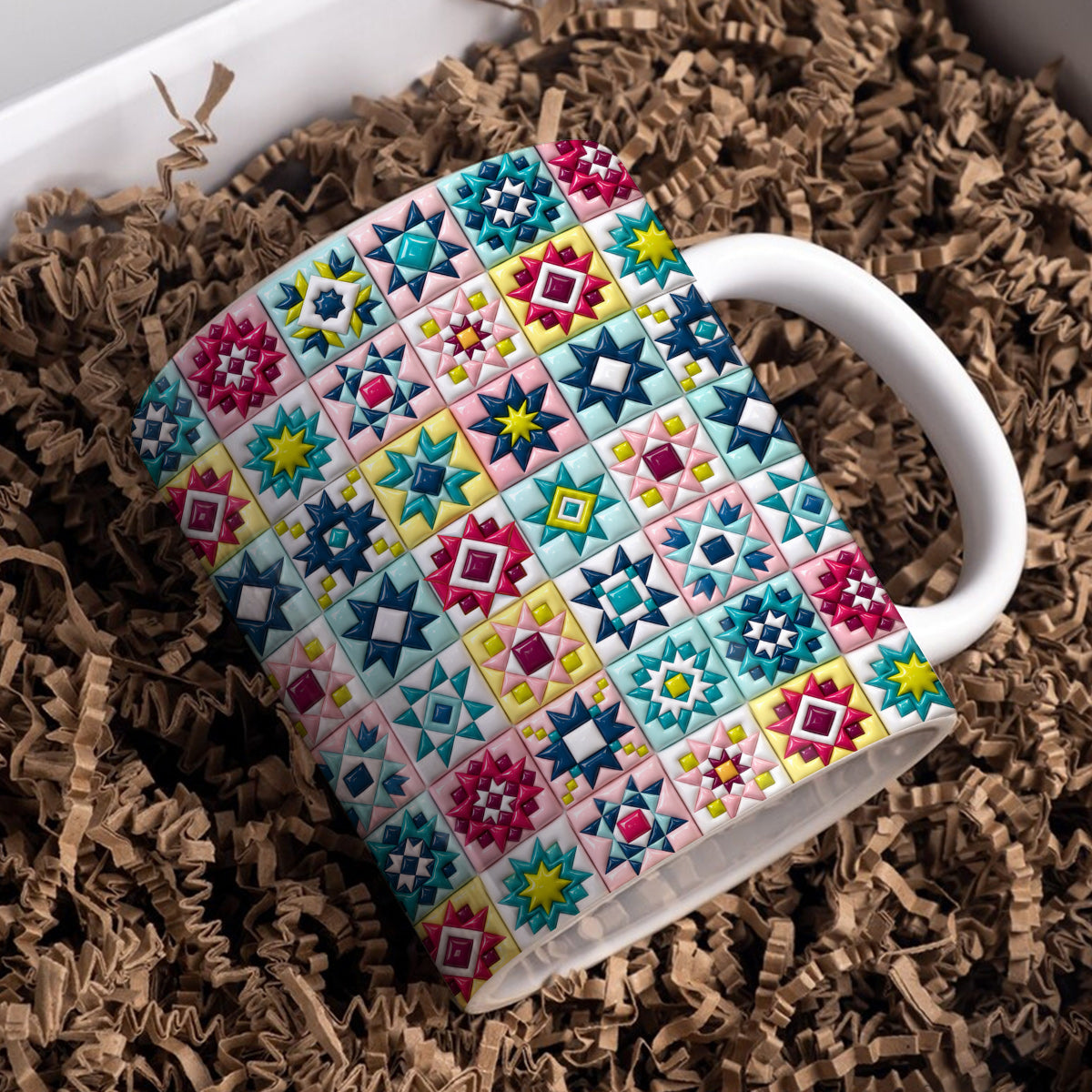 Quilt Lovers Ceramic Mug Vibrant Patchwork Star Quilt Blocks