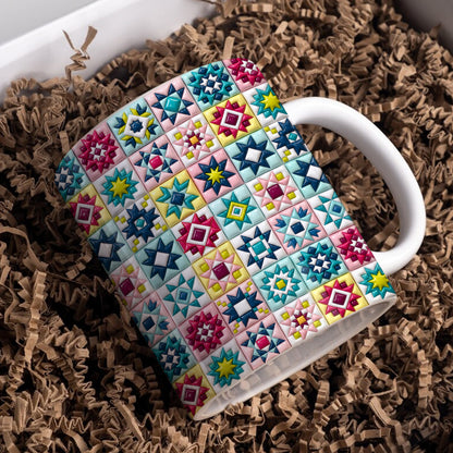 Quilt Lovers Ceramic Mug Vibrant Patchwork Star Quilt Blocks
