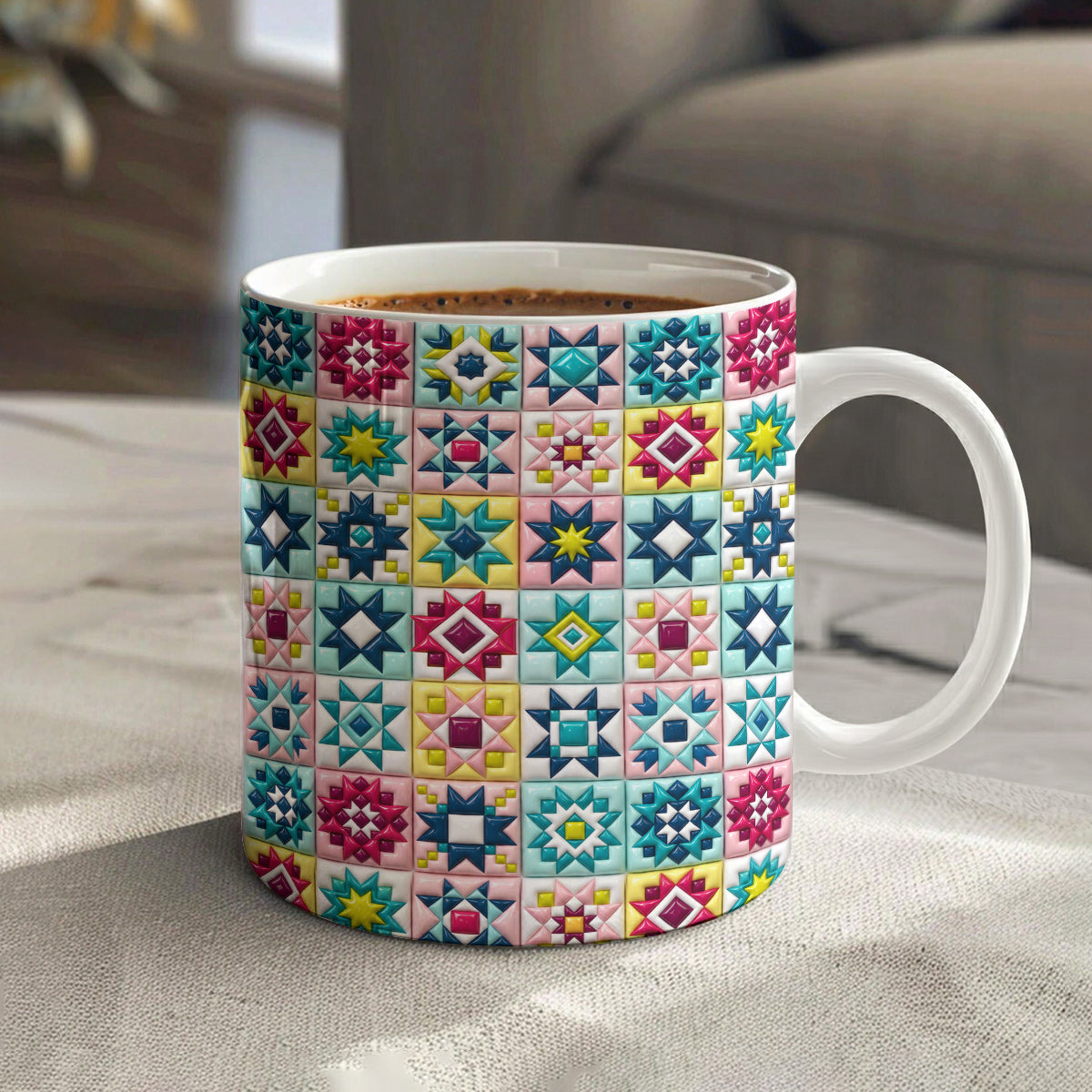 Quilt Lovers Ceramic Mug Vibrant Patchwork Star Quilt Blocks