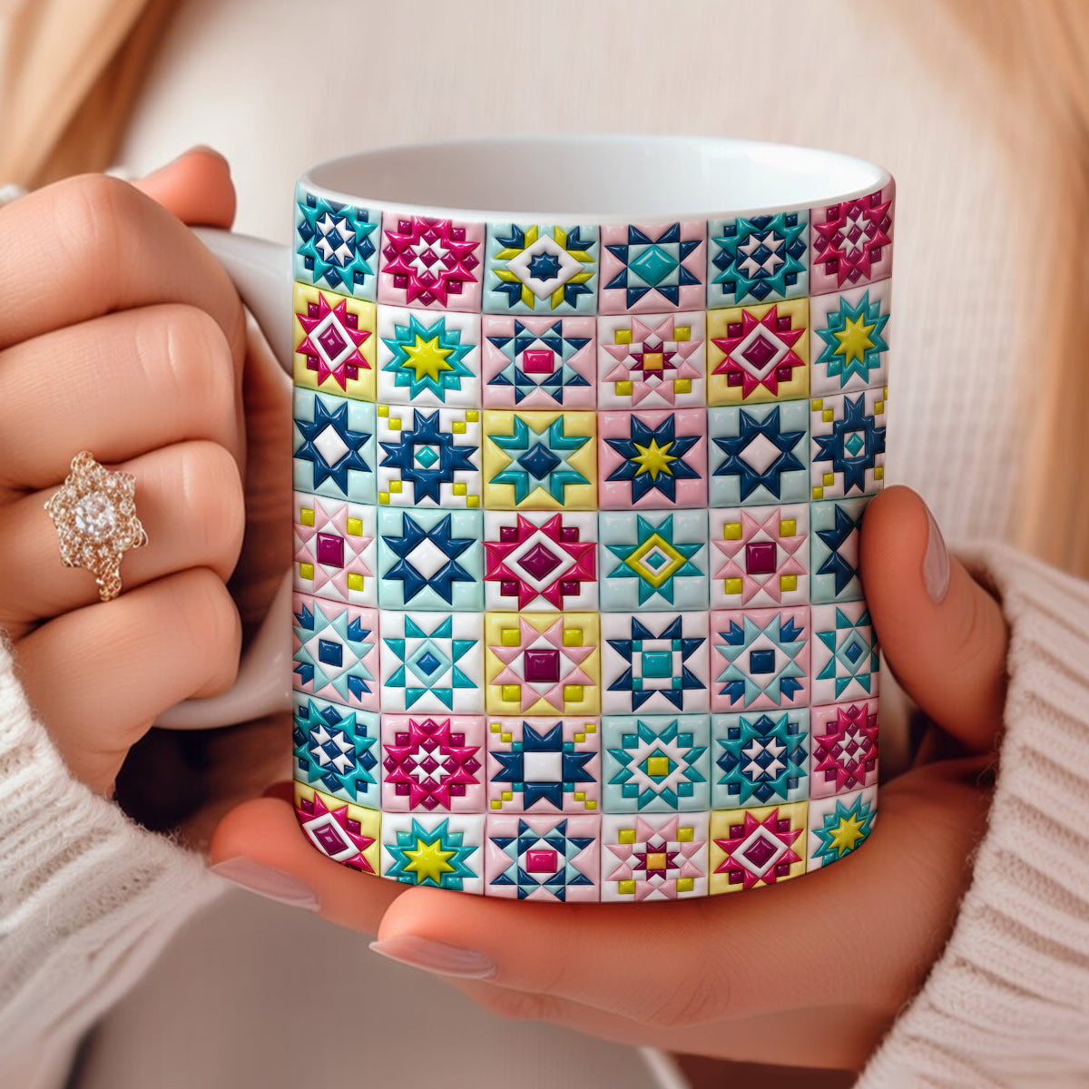 Quilt Lovers Ceramic Mug Vibrant Patchwork Star Quilt Blocks