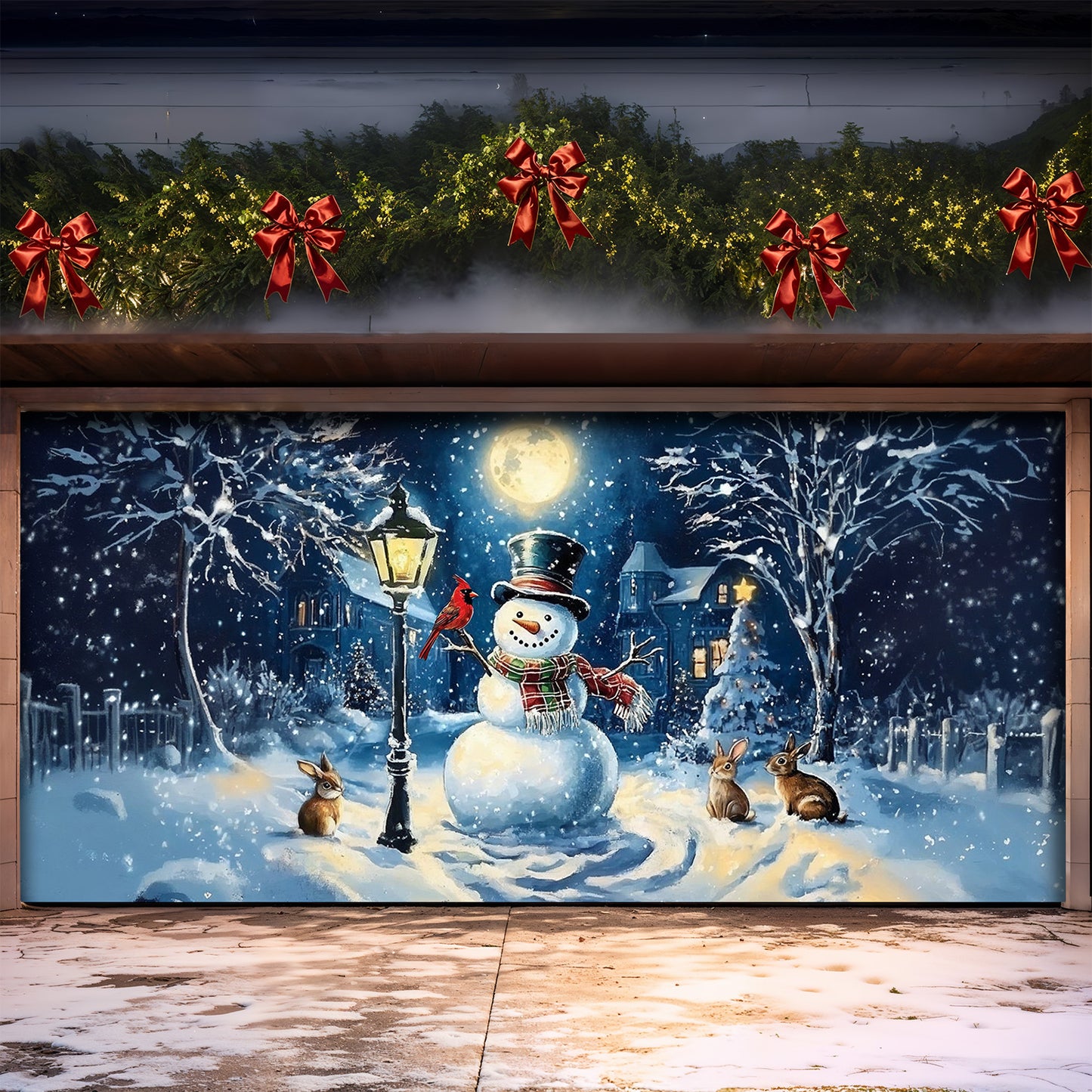Christmas Garage Door Banner Decoration - Snowman’s Lantern Serenade