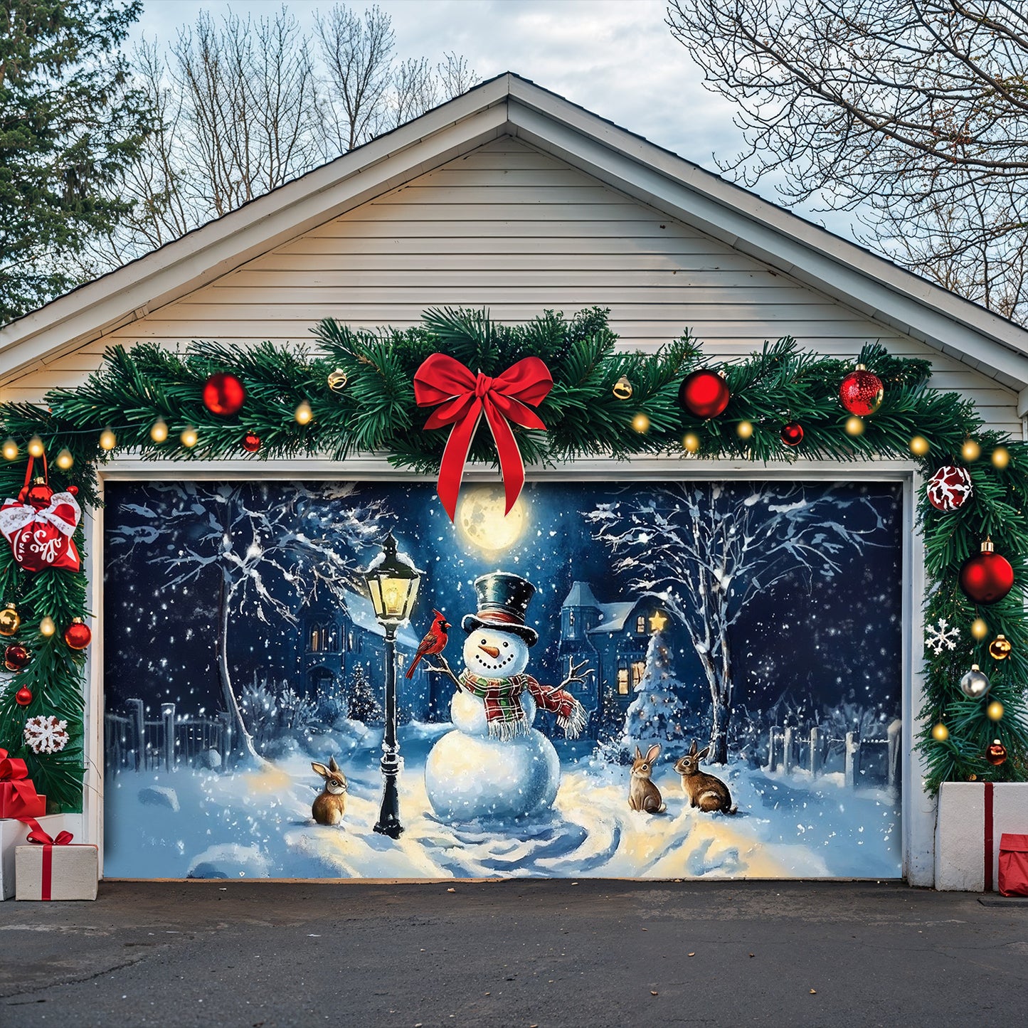 Christmas Garage Door Banner Decoration - Snowman’s Lantern Serenade
